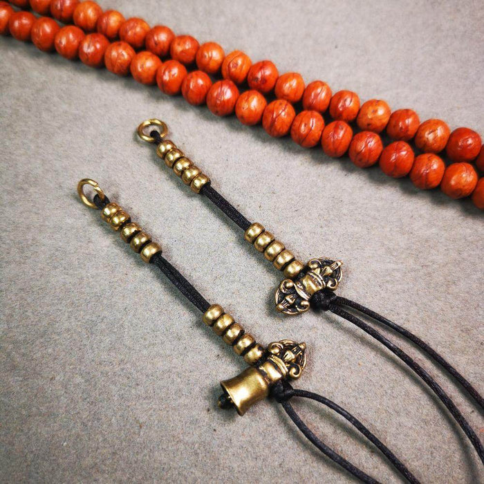 5mm Brass Prayer Bead Counters with Dorje Bell Pendant - Tibetan Buddhist art, front view