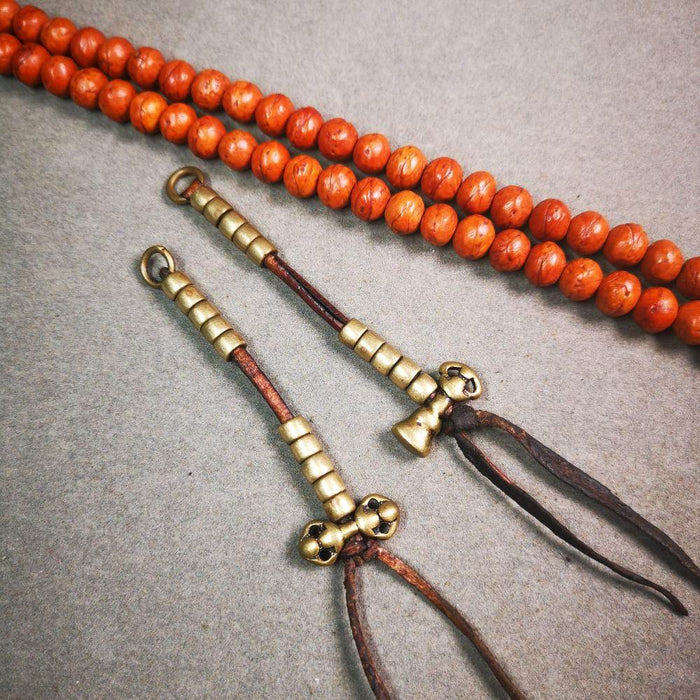 5mm Brass Prayer Bead Counters with Dorje Bell Pendant - Tibetan Buddhist art, front view