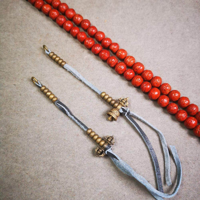 5mm Brass Prayer Bead Counters with Dorje Bell Pendant - Tibetan Buddhist art, front view