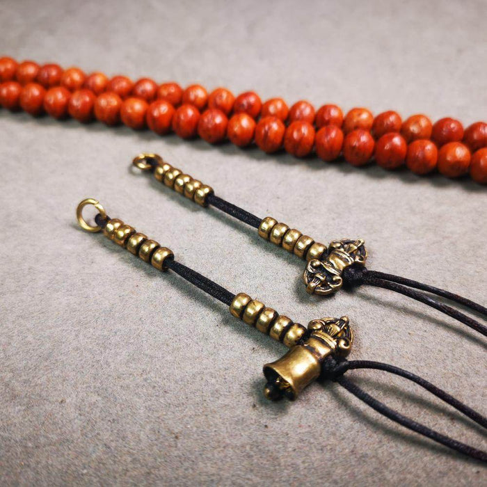 5mm Brass Prayer Bead Counters with Dorje Bell Pendant - Tibetan Buddhist art, close-up detail