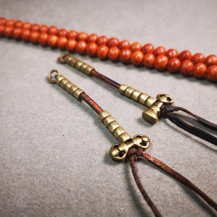 5mm Brass Prayer Bead Counters with Dorje Bell Pendant - Tibetan Buddhist art, close-up detail