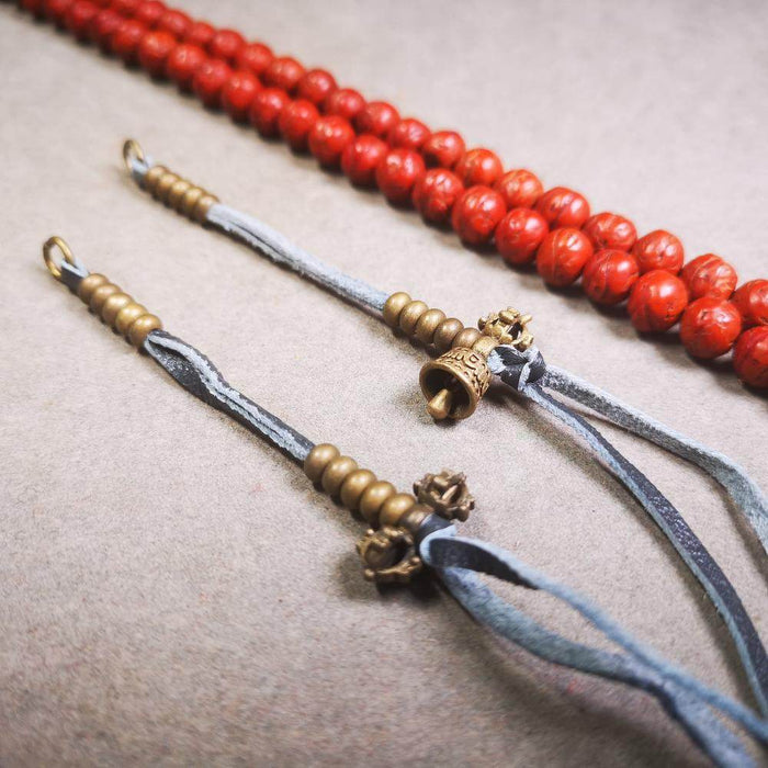 5mm Brass Prayer Bead Counters with Dorje Bell Pendant - Tibetan Buddhist art, close-up detail