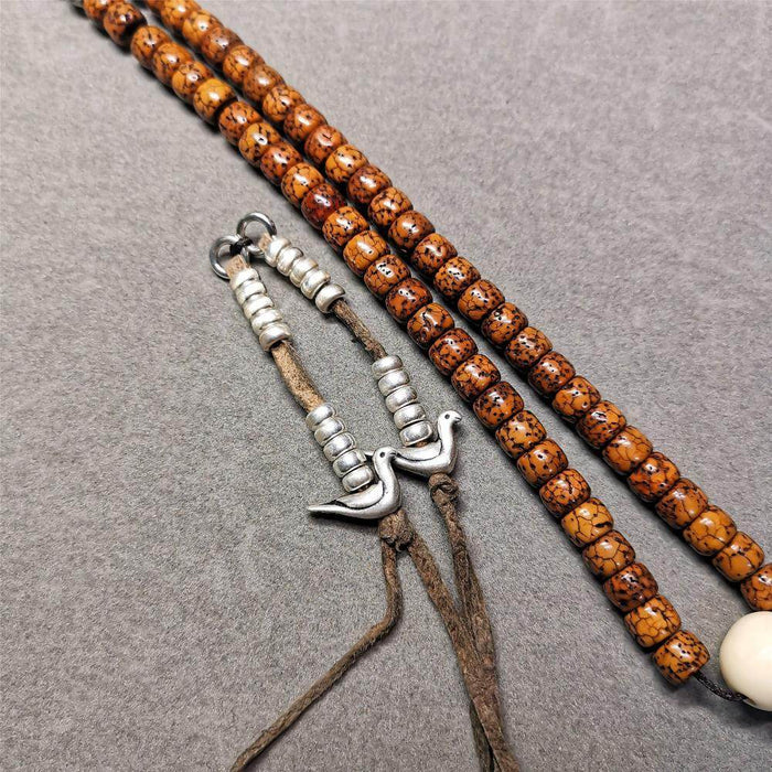 5mm Silver Prayer Bead Counters with Lucky Birds Pendant - Tibetan Buddhist art, detailed view