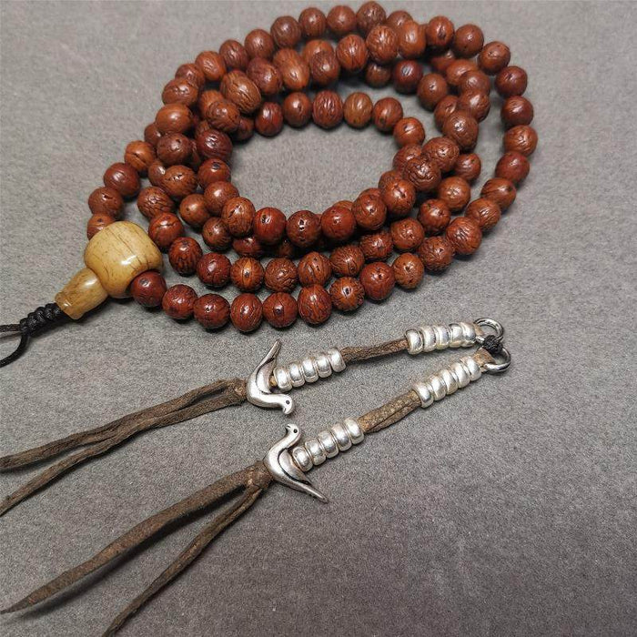 5mm Silver Prayer Bead Counters with Lucky Birds Pendant - Tibetan Buddhist art, close-up detail