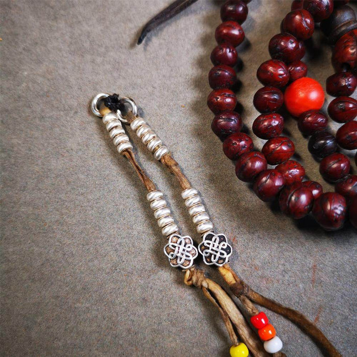 5mm Sterling Silver Prayer Bead Counters with Lucky Knot Pendant - Tibetan Buddhist art, front view
