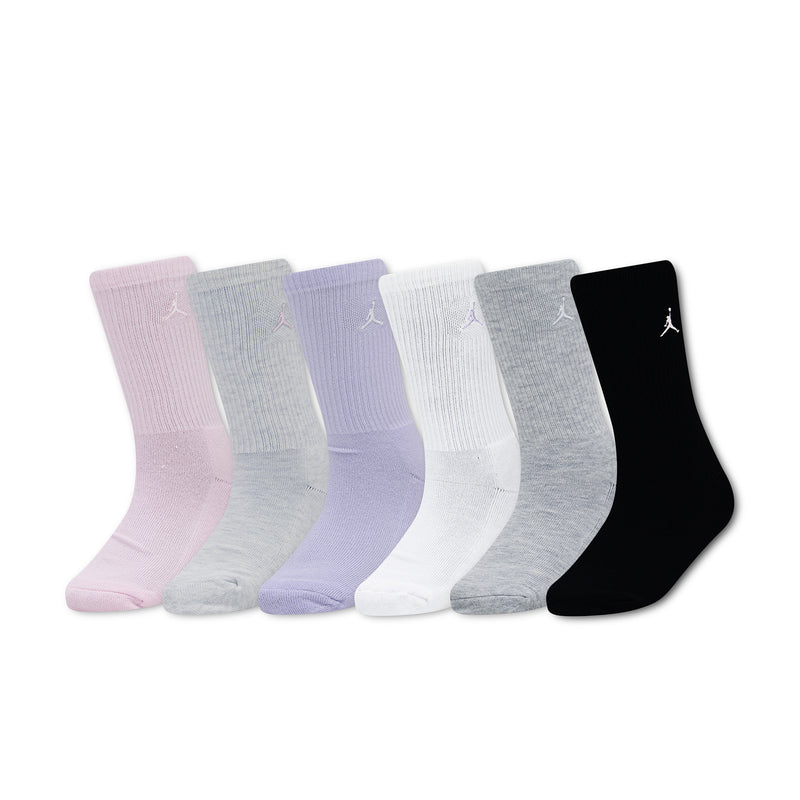6-pack crew socks fanned out in pink, purple, white, light gray, and black