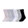 6-pack crew socks fanned out in pink, purple, white, light gray, and black