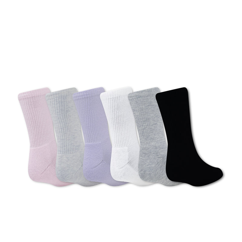 6-pack crew socks laid in a row: pink, light gray, lilac, white, and black