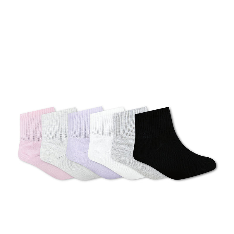 6-pack medium quarter socks laid flat in pink, light gray, lavender, white, and black