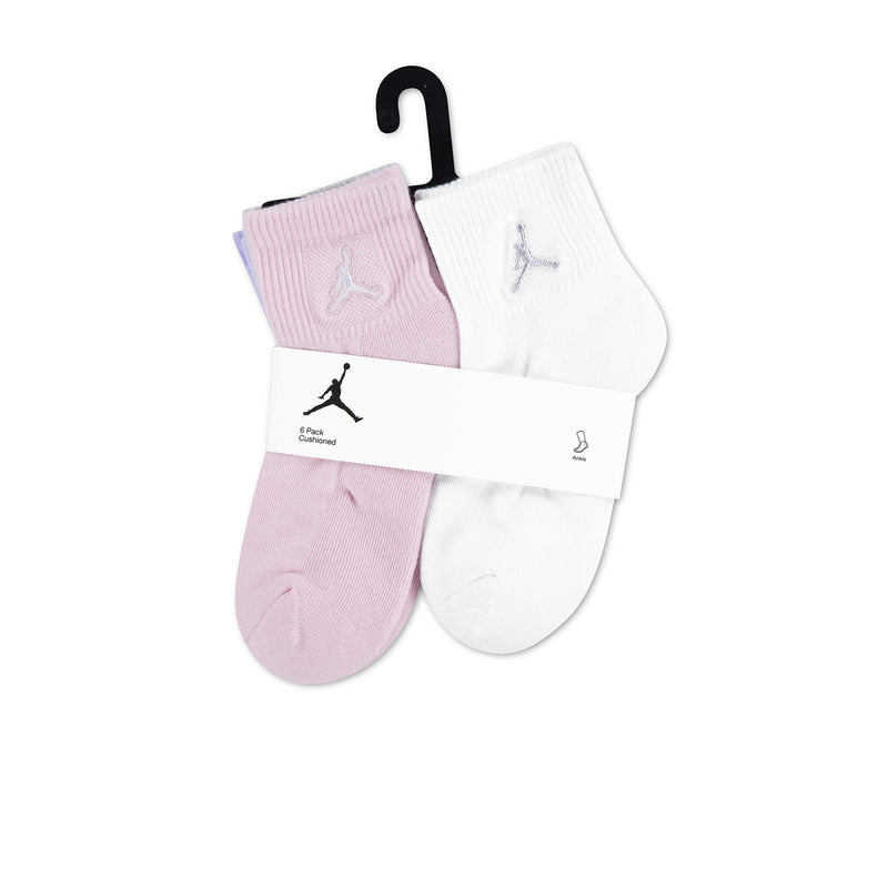 6-pack medium quarter socks on hangers in pink and white with small logo