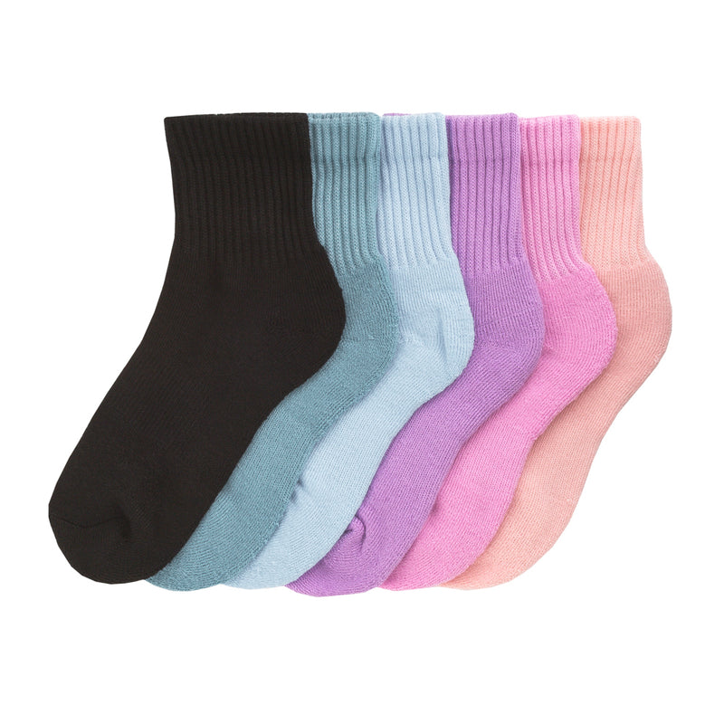 Half-crew sock multipack, ribbed cuffs in black, blue, purple, and pink