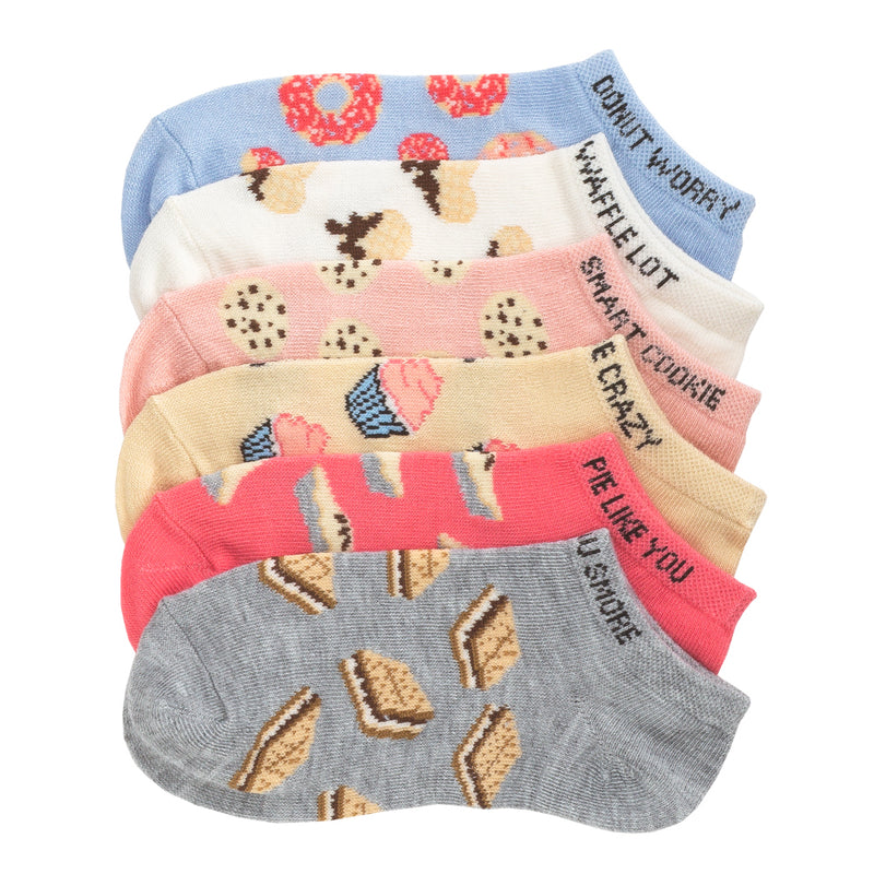 6-pack medium no-show socks with mixed pastel printed patterns