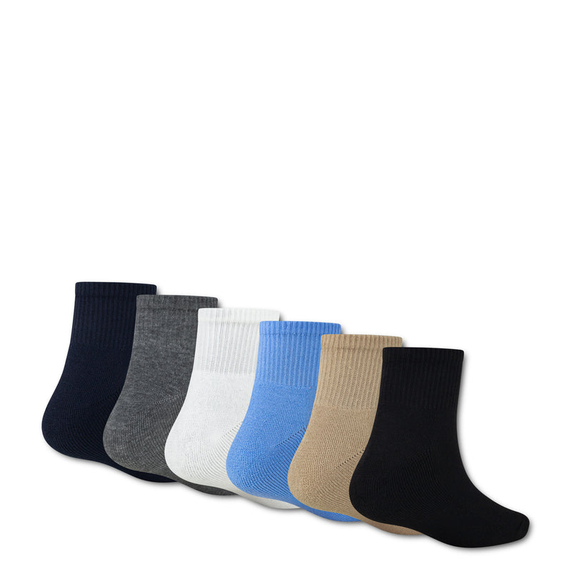 6-pack quarter crew socks with small logo, navy, gray, white, blue, beige, black