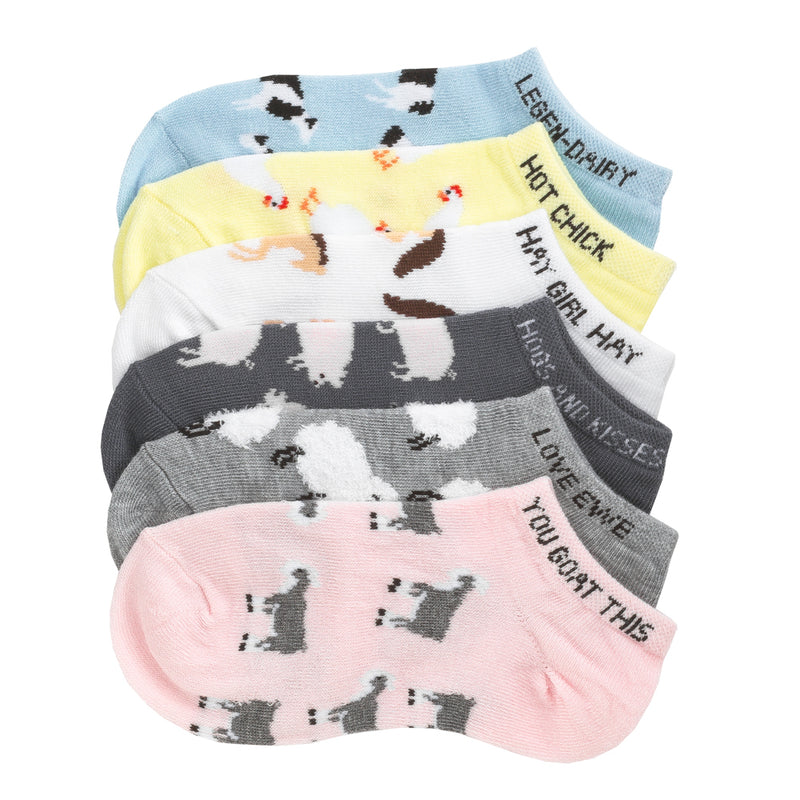 6-pack pastel no-show socks with cow and chicken graphics, elastic logo bands