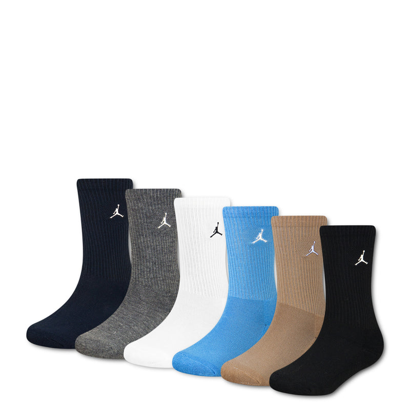 Six-pack crew socks: black, grey, white, blue, beige; Jumpman logo