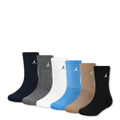 Six-pack crew socks: black, obsidian, grey, white, blue, beige, each with Jumpman logo
