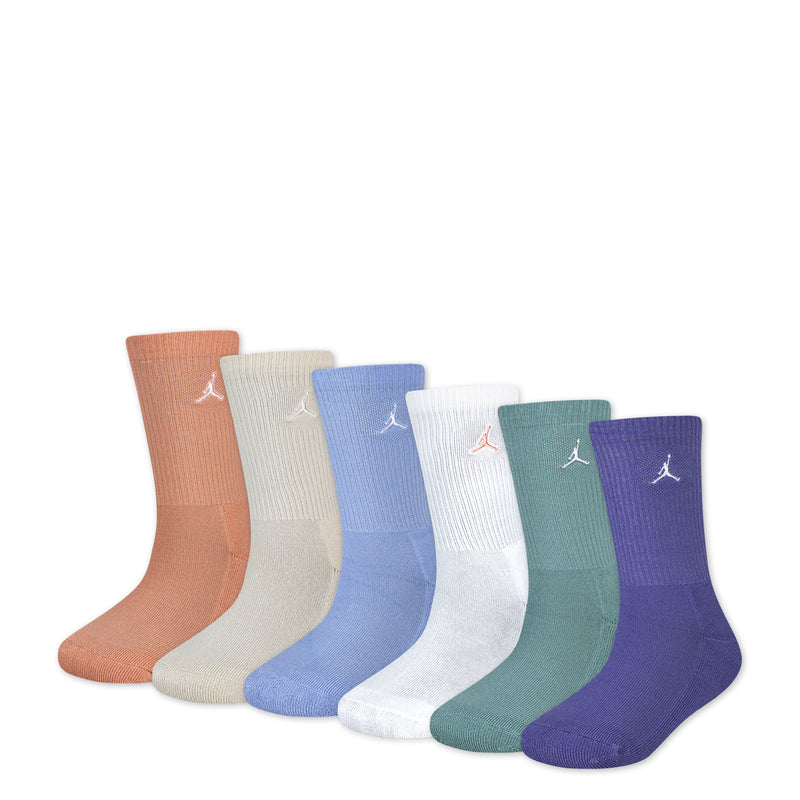 Six-pack crew socks in orange, light gray, blue, white, teal, and purple