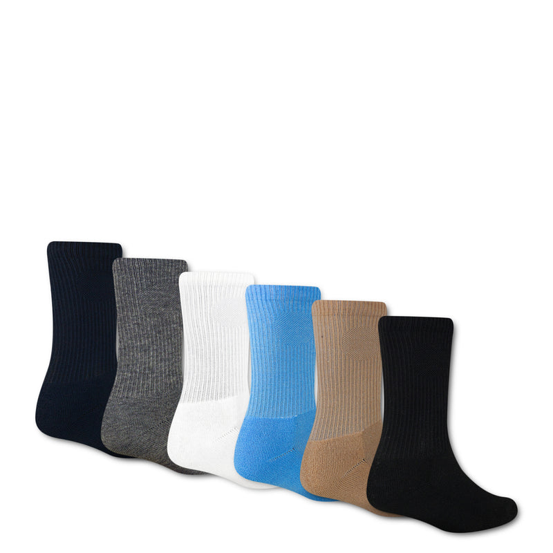 Laid-out six-pack crew socks in black, grey, white, blue, beige; Jumpman logo