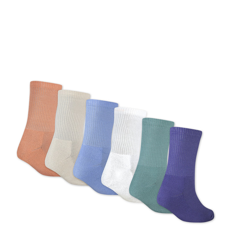 Six-pack crew socks laid out: orange, light gray, pale blue, white, teal, purple