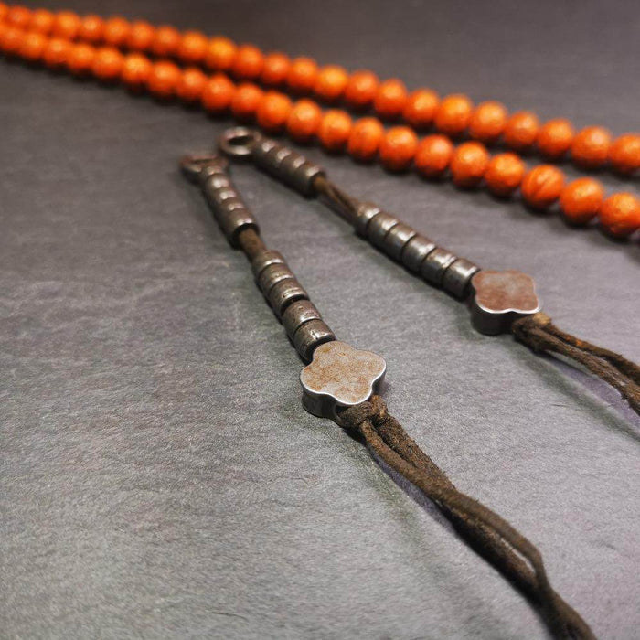 6mm Cold Iron Prayer Bead Counters with Gesang Flower Pendant - Tibetan Buddhist art, front view
