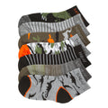 7-pack x-small quarter socks, striped and dinosaur prints, black/grey/green/orange