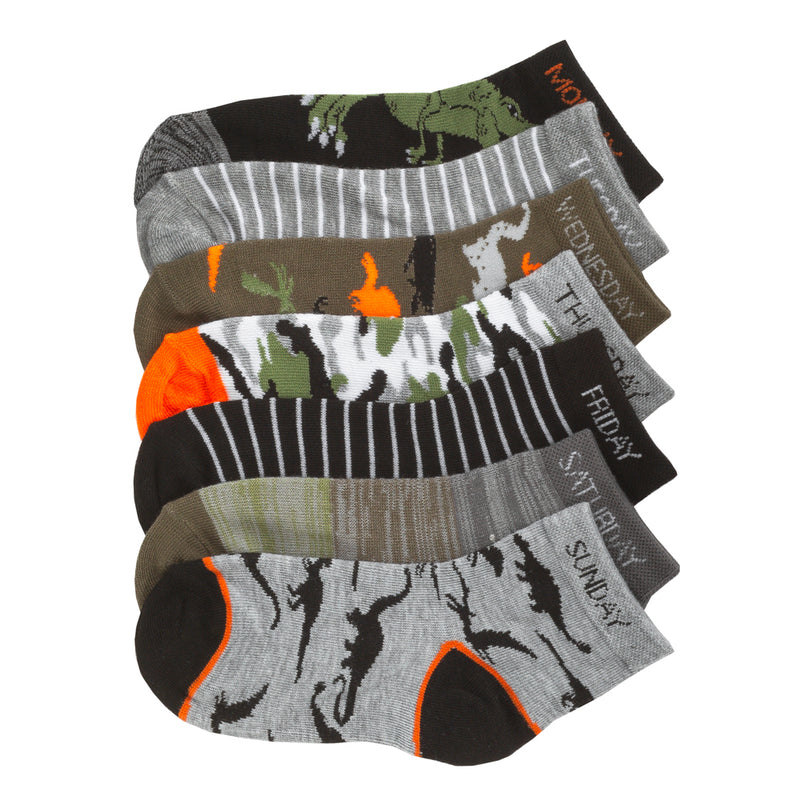 7-pack x-small quarter socks, striped and dinosaur prints, black/grey/green/orange