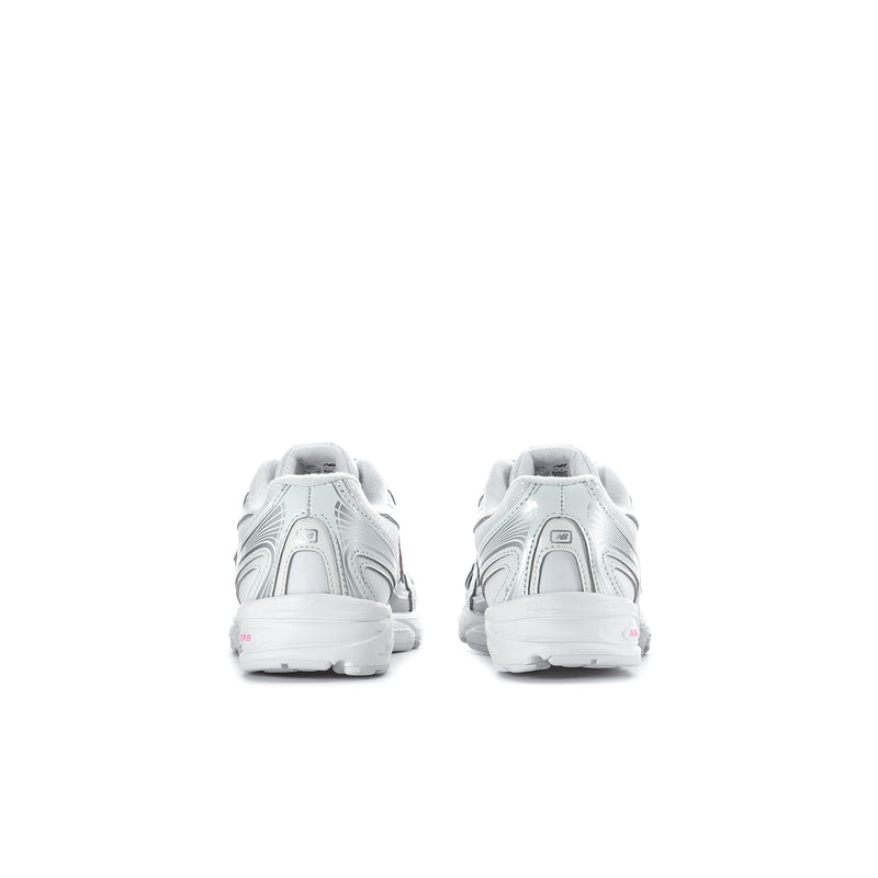 Kids running sneakers, silver metallic with padded heel, lace-up back view