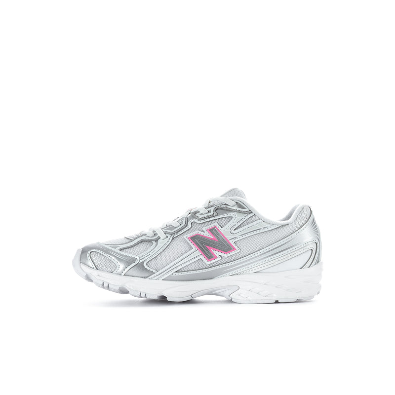 Kids running sneakers, silver metallic with magenta N side logo, lace-up
