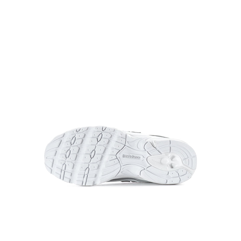 Kids running sneakers outsole view, white tread on silver upper