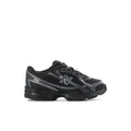 Black toddler lace-up sneakers with silver N logo and textured mesh upper