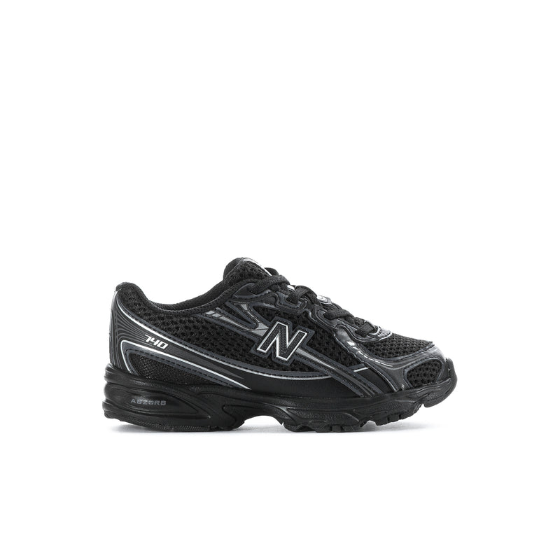 Black toddler lace-up sneakers with silver N logo and textured mesh upper