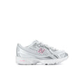 Silver toddler sneaker with pink N logo, lace-up design and chunky cushioned sole.
