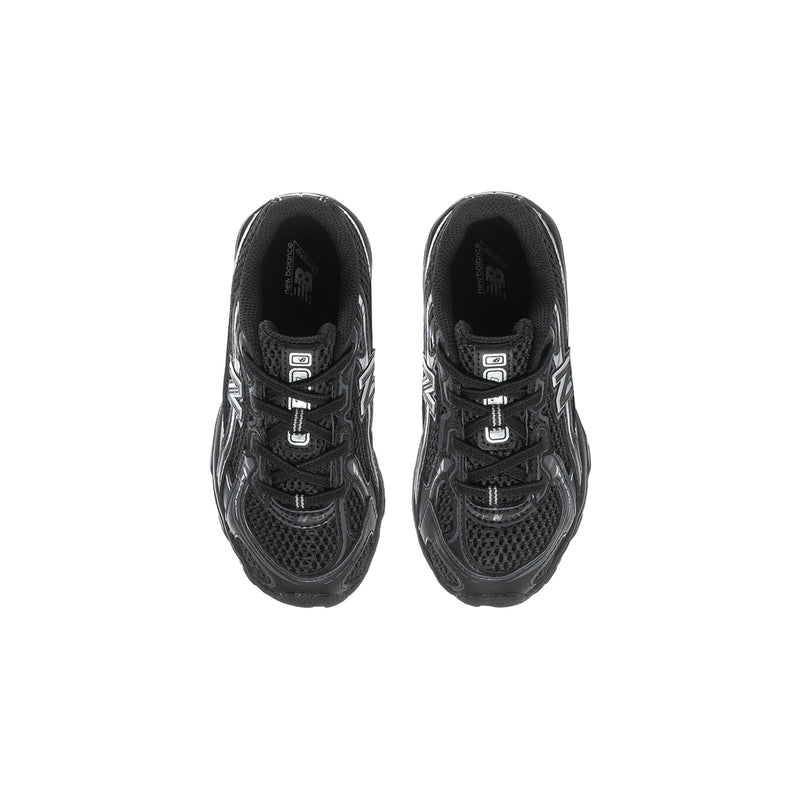 Black toddler lace-up sneakers, tongue and lacing detail with silver N logo