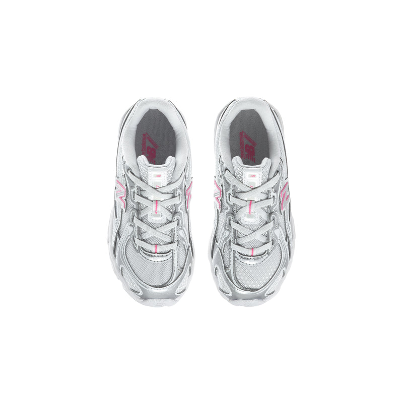 Silver toddler sneaker pair with pink N tongue logo and lace-up closure.