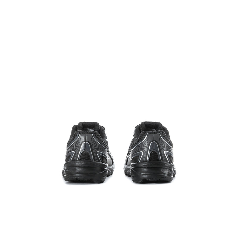 Black toddler lace-up sneakers, rear view with padded heel and silver trim