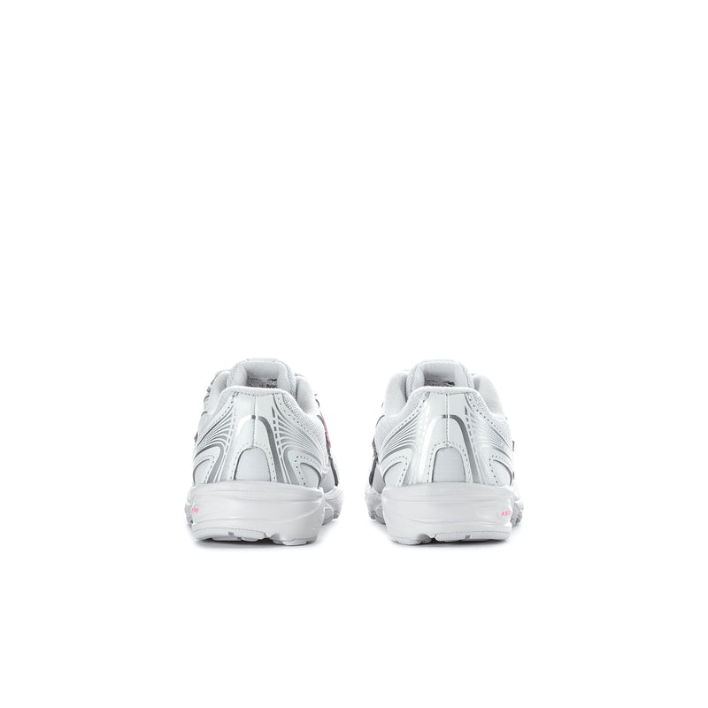 Silver toddler sneaker heels with cushioned back panels and small pink accent logo.