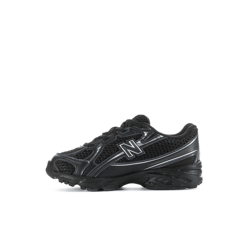 Black toddler lace-up sneakers, quarter side view with silver N logo and sporty sole