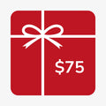 $75 gift card image. Red square, white bow, white lettering.