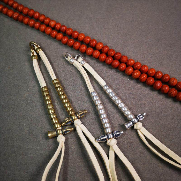 7mm Brass Prayer Bead Counters with Vajra and Bell Pendant - Tibetan Buddhist vajra, front view