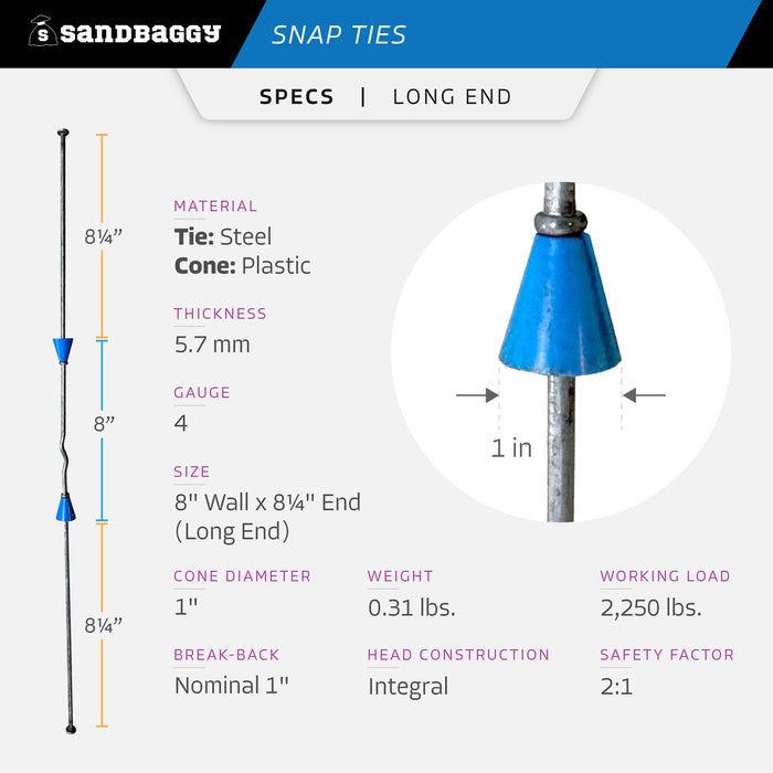 8" x 8 ¼" Standard Snap Ties For Concrete Forms (Long End) - 1" Plastic Cones