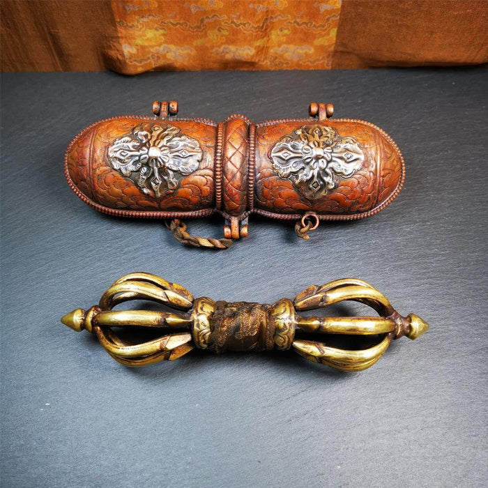 9 Pronged Vintage Vajra Dorje with Case - Tibetan Buddhist vajra, front view
