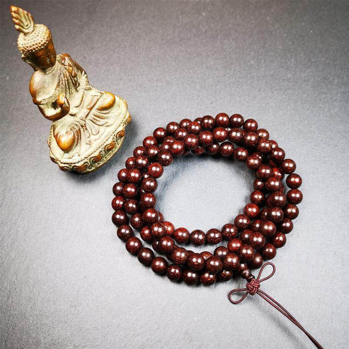 9mm Dalbergia Wood Huanghuali Mala,92cm - Tibetan Buddhist mala beads, front view