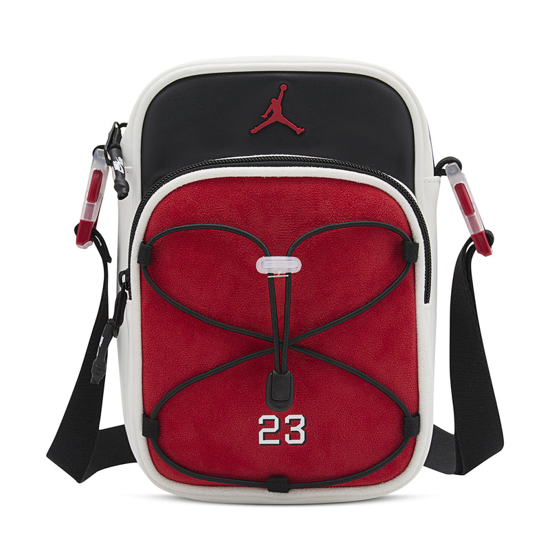 Air Jordan Festival bag in black, red and white with front zipper and Jordan logo