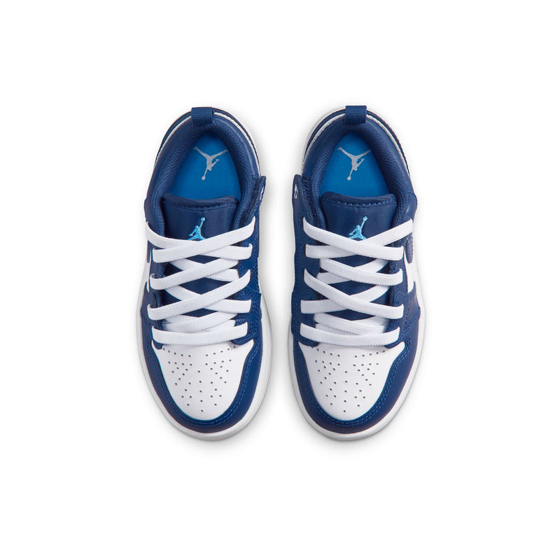 Kids' low-top sneakers, top view of both shoes, navy uppers with white laces