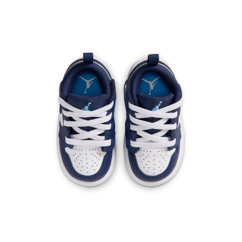 Toddler navy and white low-top sneakers with laces and white toe perforations