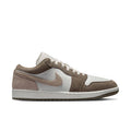 Men's low-top sneakers in brown, olive, and white with lace-up closure and swoosh