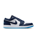 Men's low-top sneakers in navy and white with blue Nike Swoosh and lace-up.