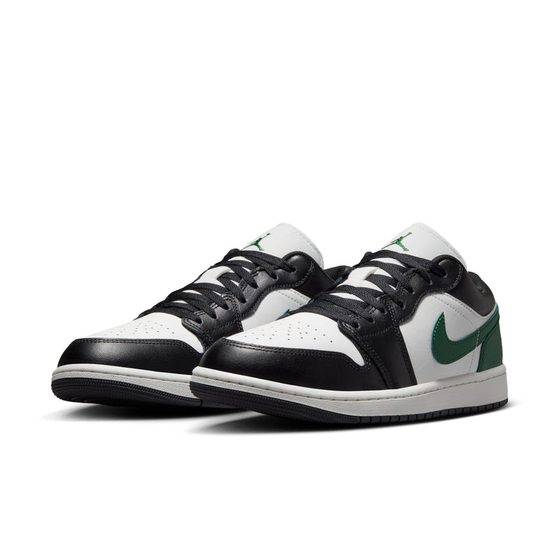AJ 1 Low men's sneakers, black and white with green accents, lace-up style