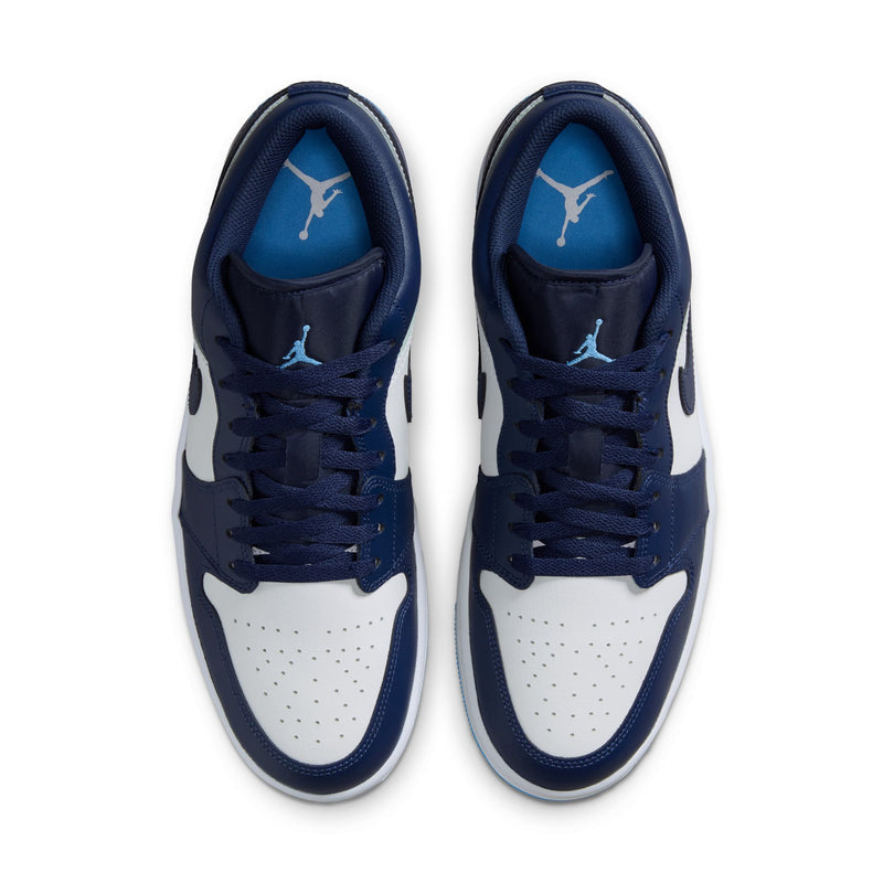 Men's low-top sneakers front view, navy uppers with white toe and perforations.