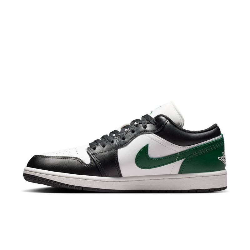 AJ 1 Low men's sneakers, black and white upper with green Nike swoosh
